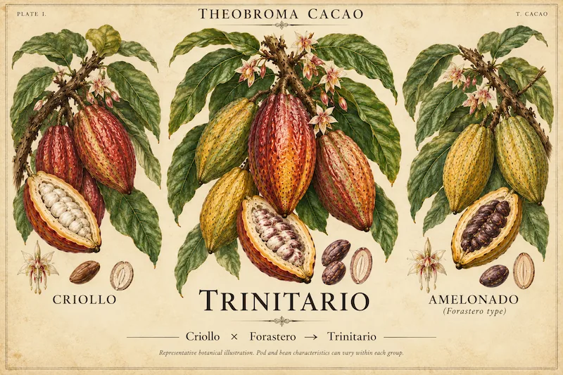 Botanical plate comparing Criollo, Trinitario and Amelonado cacao pods