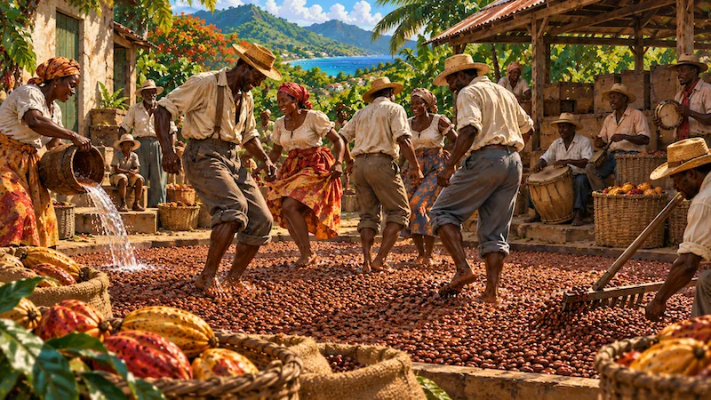 Workers dancing the cocoa, polishing dried beans underfoot
