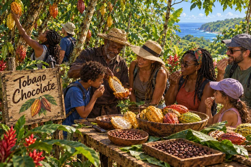Visitors tasting fresh cocoa pulp and chocolate at a Tobago cocoa stand