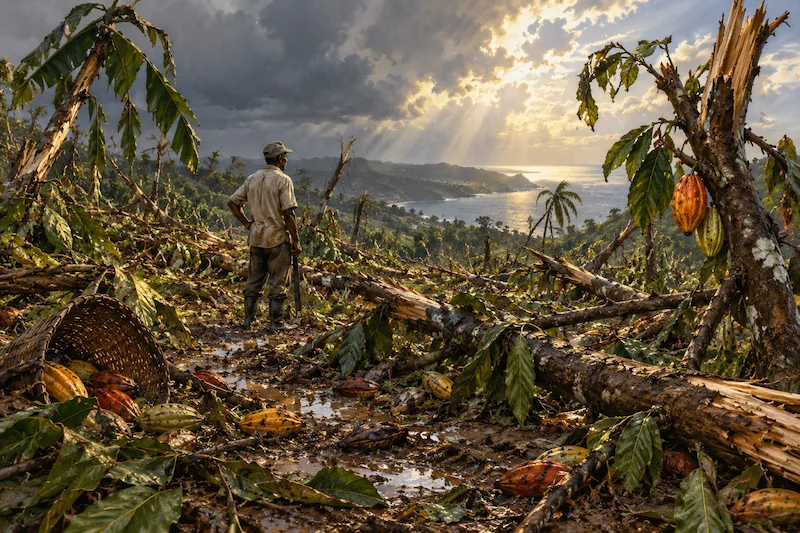 A farmer surveys cocoa trees flattened by Hurricane Flora