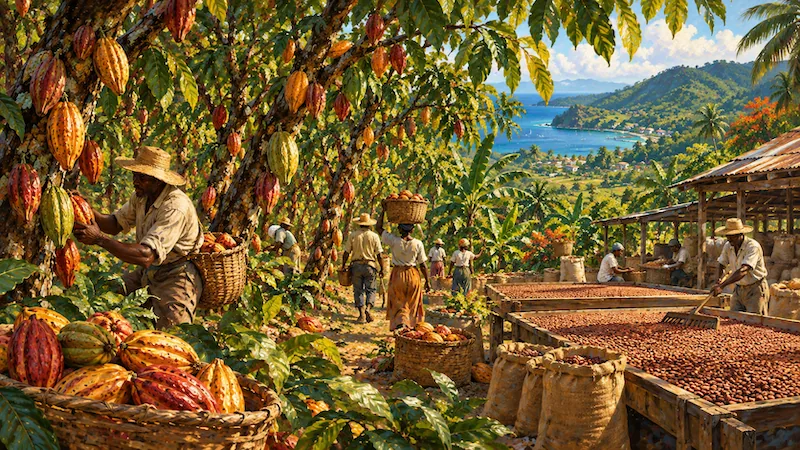 Workers harvesting cocoa pods on a Tobago hillside estate